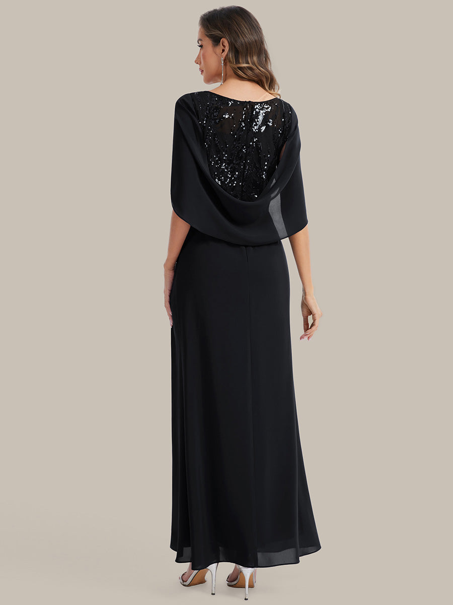 robe longue à encolure drapée à manches mi-longues et taille cintrée #Couleur_Noir