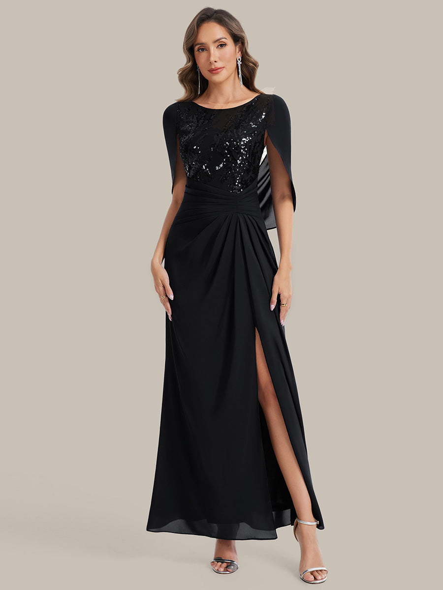 robe longue à encolure drapée à manches mi-longues et taille cintrée #Couleur_Noir