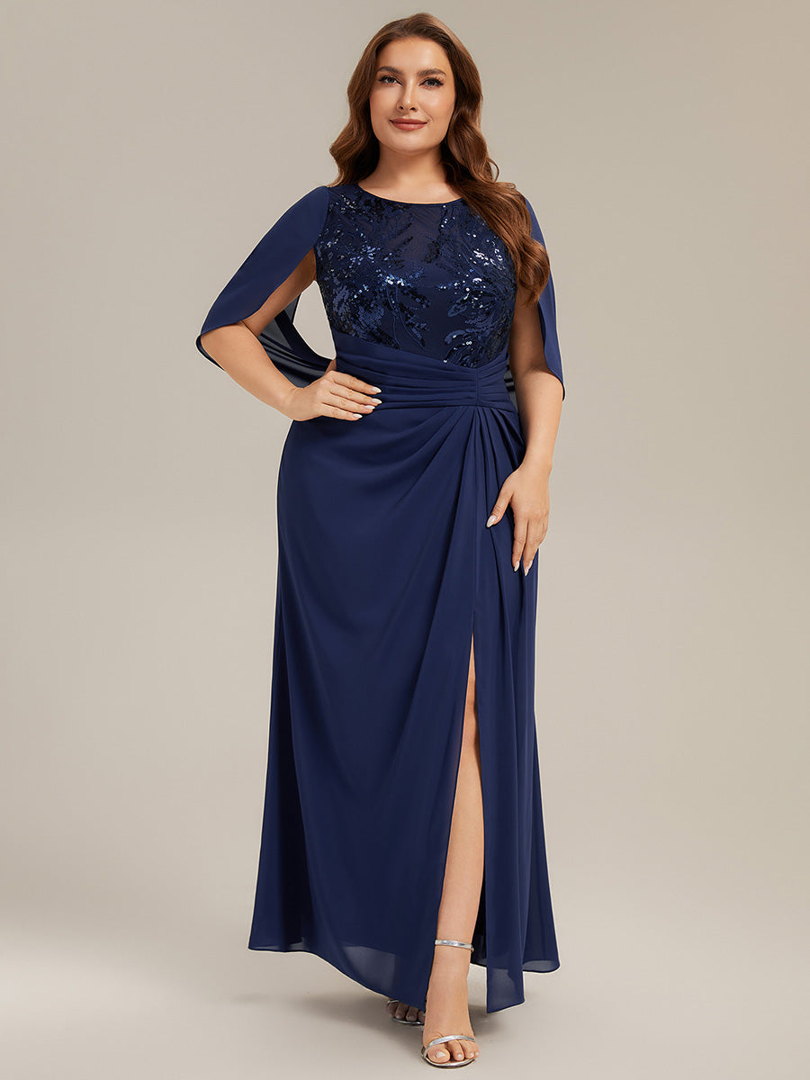 robe longue à encolure drapée à manches mi-longues et taille cintrée #Couleur_Bleu Marine