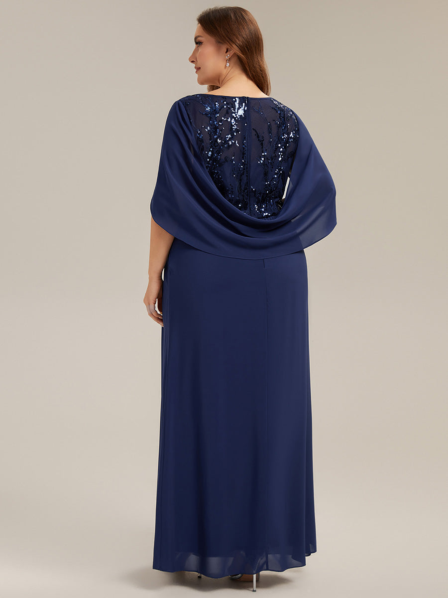 robe longue à encolure drapée à manches mi-longues et taille cintrée #Couleur_Bleu Marine