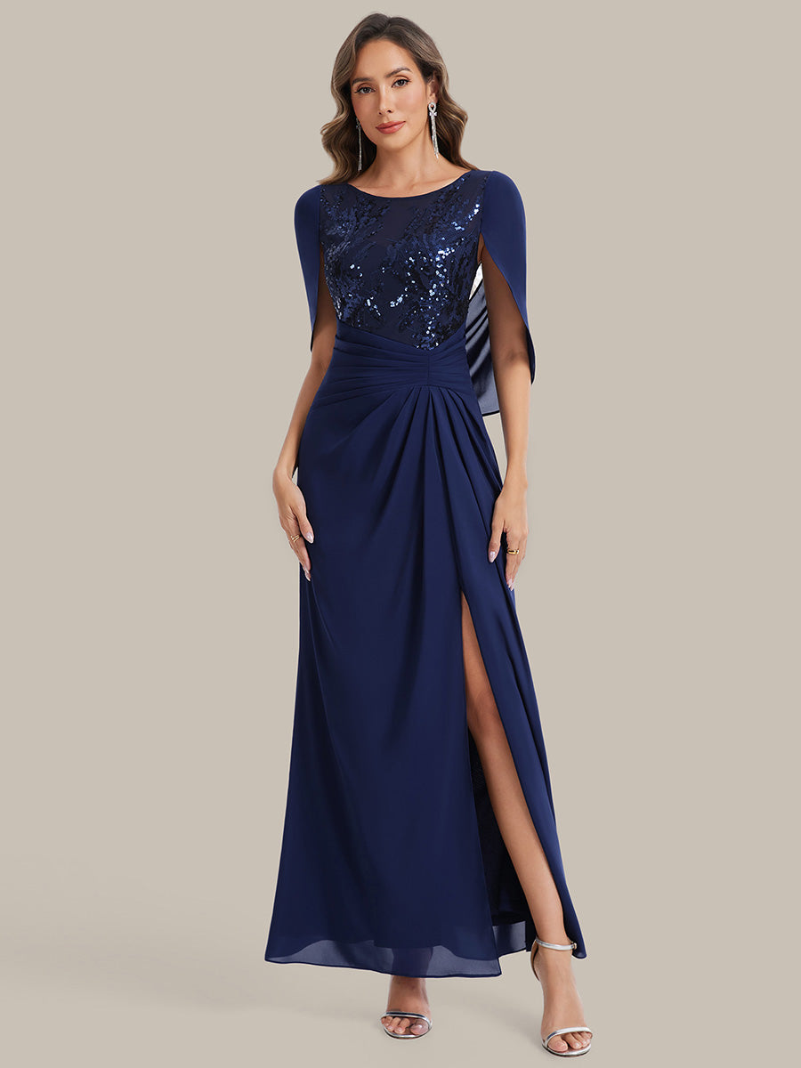 robe longue à encolure drapée à manches mi-longues et taille cintrée #Couleur_Bleu Marine
