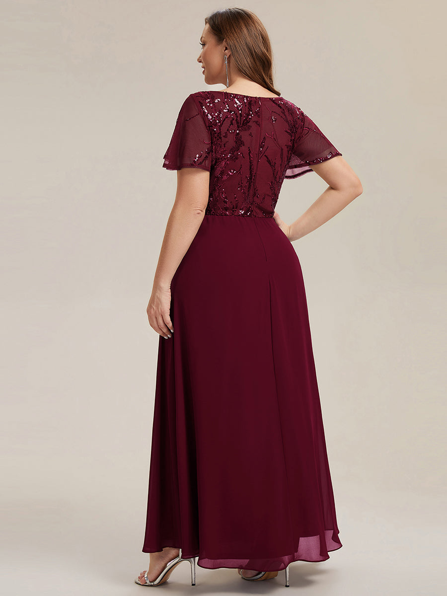 Robe longue extensibilité faible manches à volants décolleté en V profond applique coupe évasée #Couleur_Bordeaux