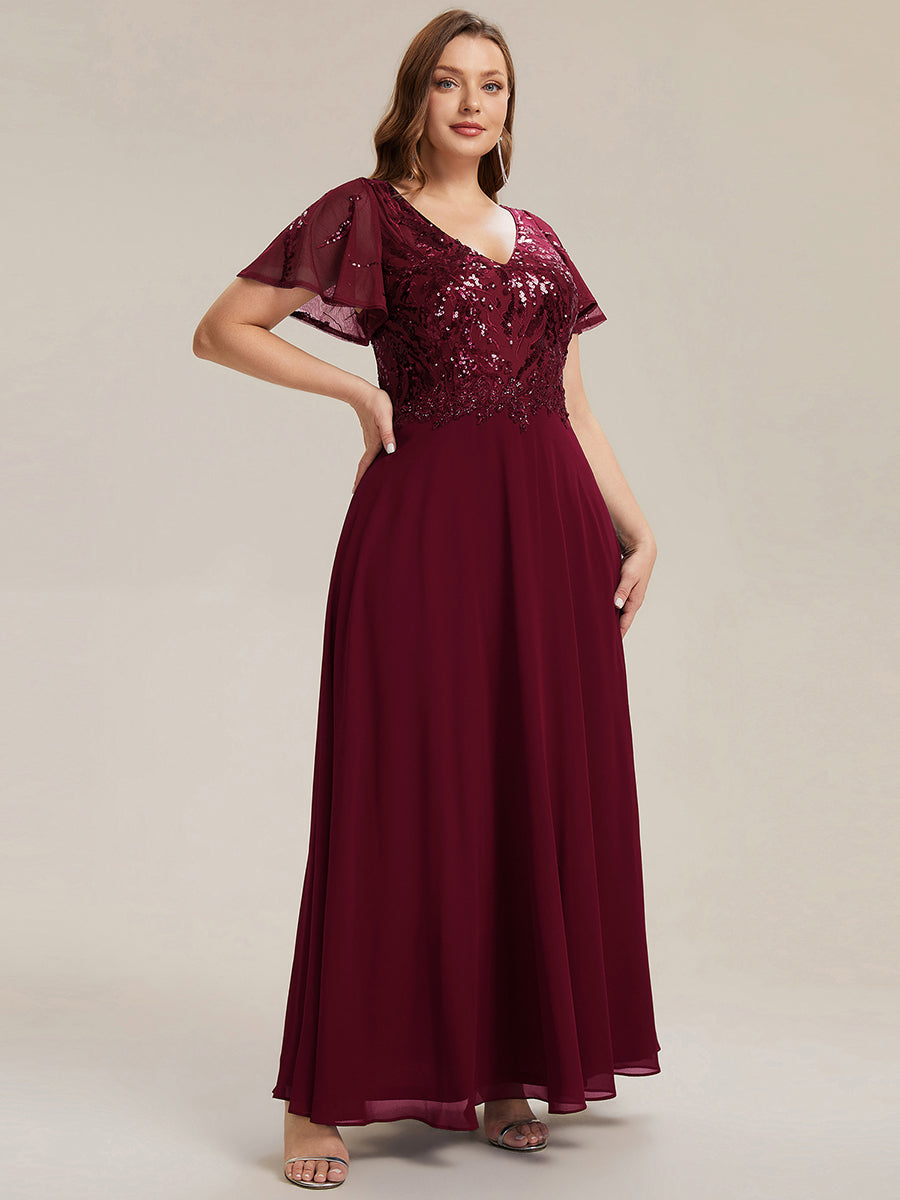Robe longue extensibilité faible manches à volants décolleté en V profond applique coupe évasée #Couleur_Bordeaux