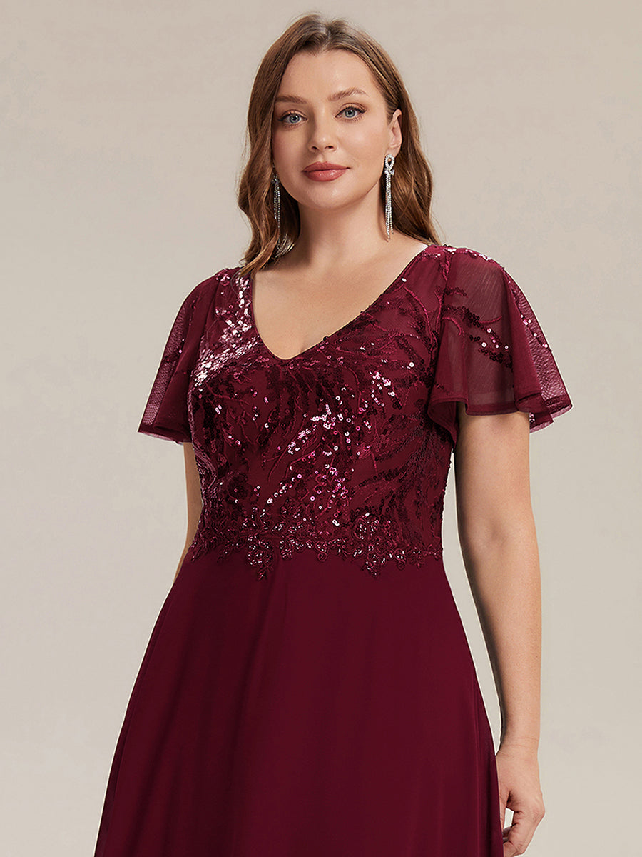 Robe longue extensibilité faible manches à volants décolleté en V profond applique coupe évasée #Couleur_Bordeaux