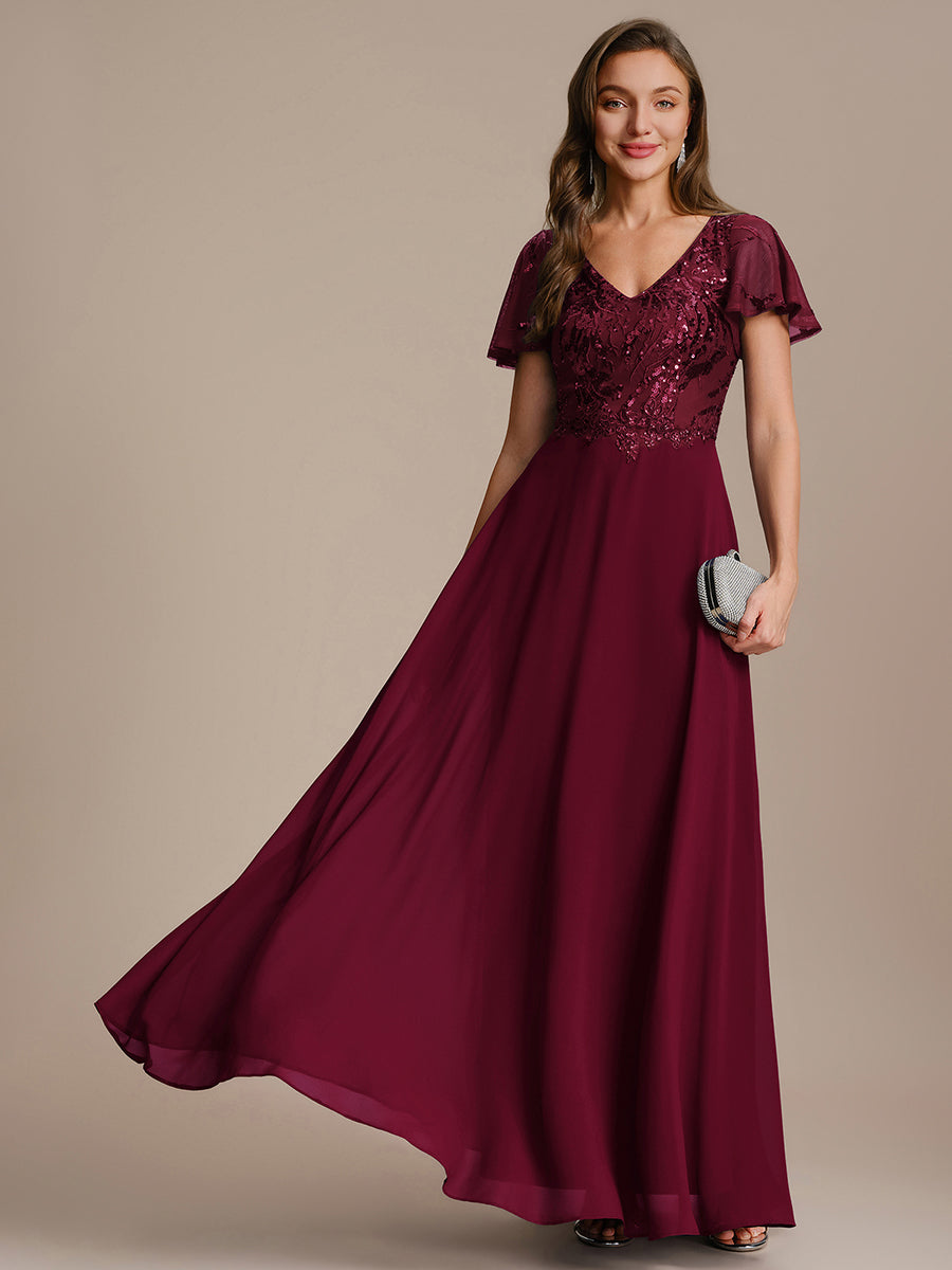 Robe longue extensibilité faible manches à volants décolleté en V profond applique coupe évasée #Couleur_Bordeaux