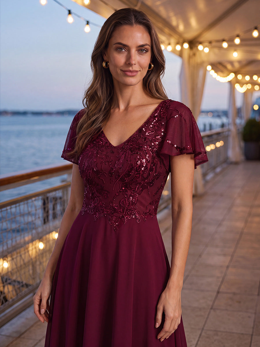 Robe longue extensibilité faible manches à volants décolleté en V profond applique coupe évasée #Couleur_Bordeaux