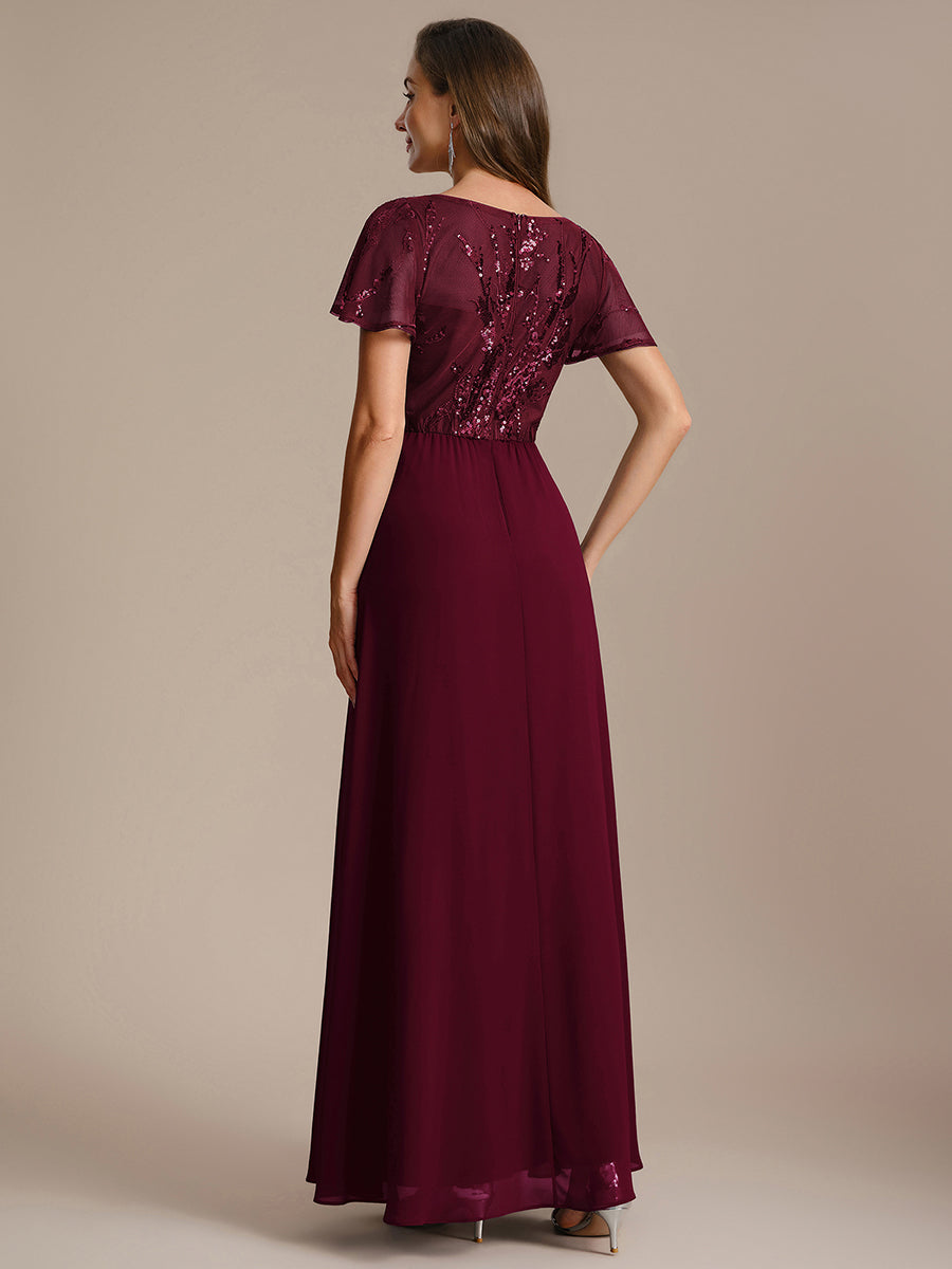 Robe longue extensibilité faible manches à volants décolleté en V profond applique coupe évasée #Couleur_Bordeaux