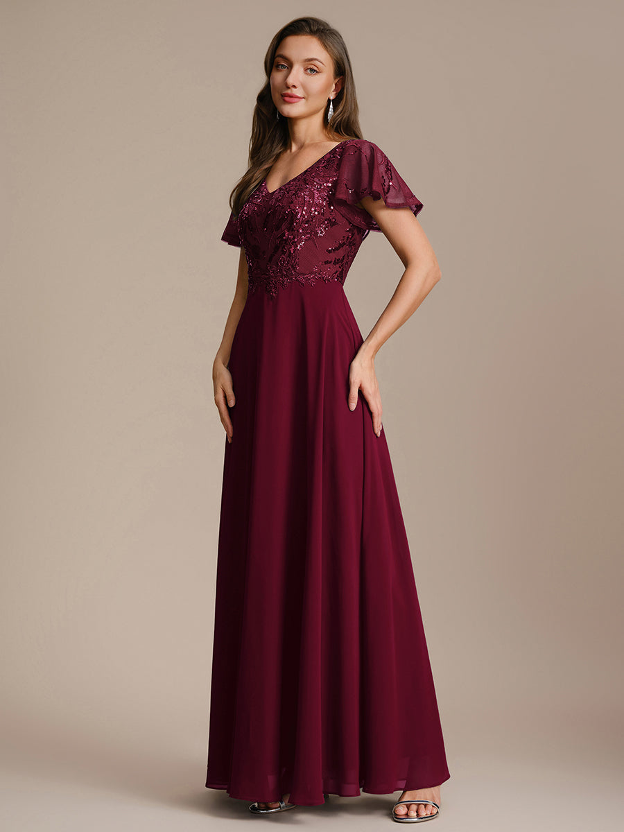 Robe longue extensibilité faible manches à volants décolleté en V profond applique coupe évasée #Couleur_Bordeaux
