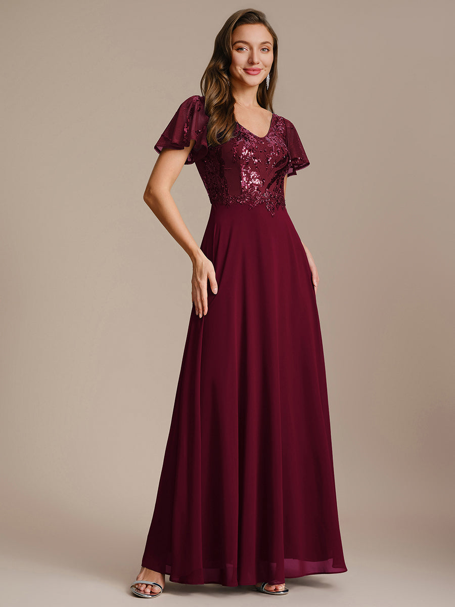 Robe longue extensibilité faible manches à volants décolleté en V profond applique coupe évasée #Couleur_Bordeaux