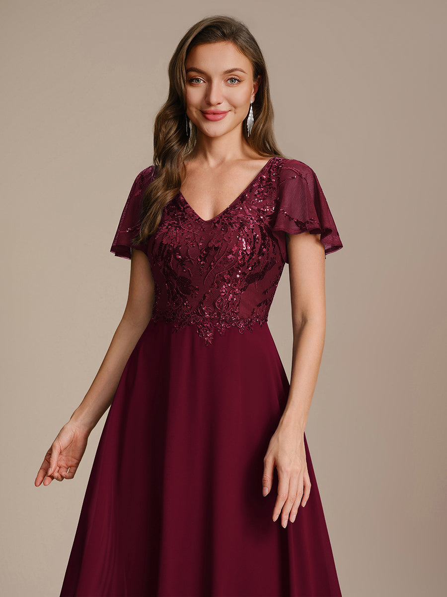 Robe longue extensibilité faible manches à volants décolleté en V profond applique coupe évasée #Couleur_Bordeaux