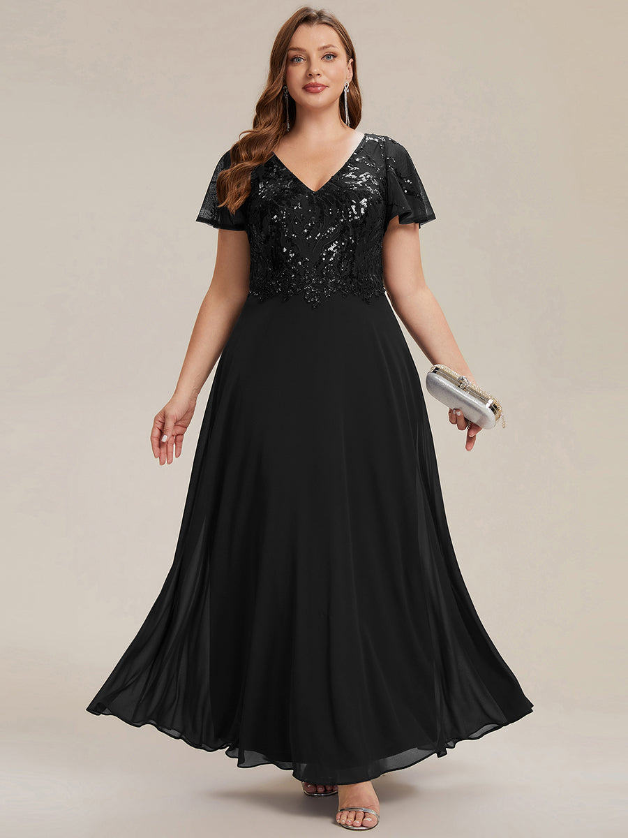 Robe longue extensibilité faible manches à volants décolleté en V profond applique coupe évasée #Couleur_Noir