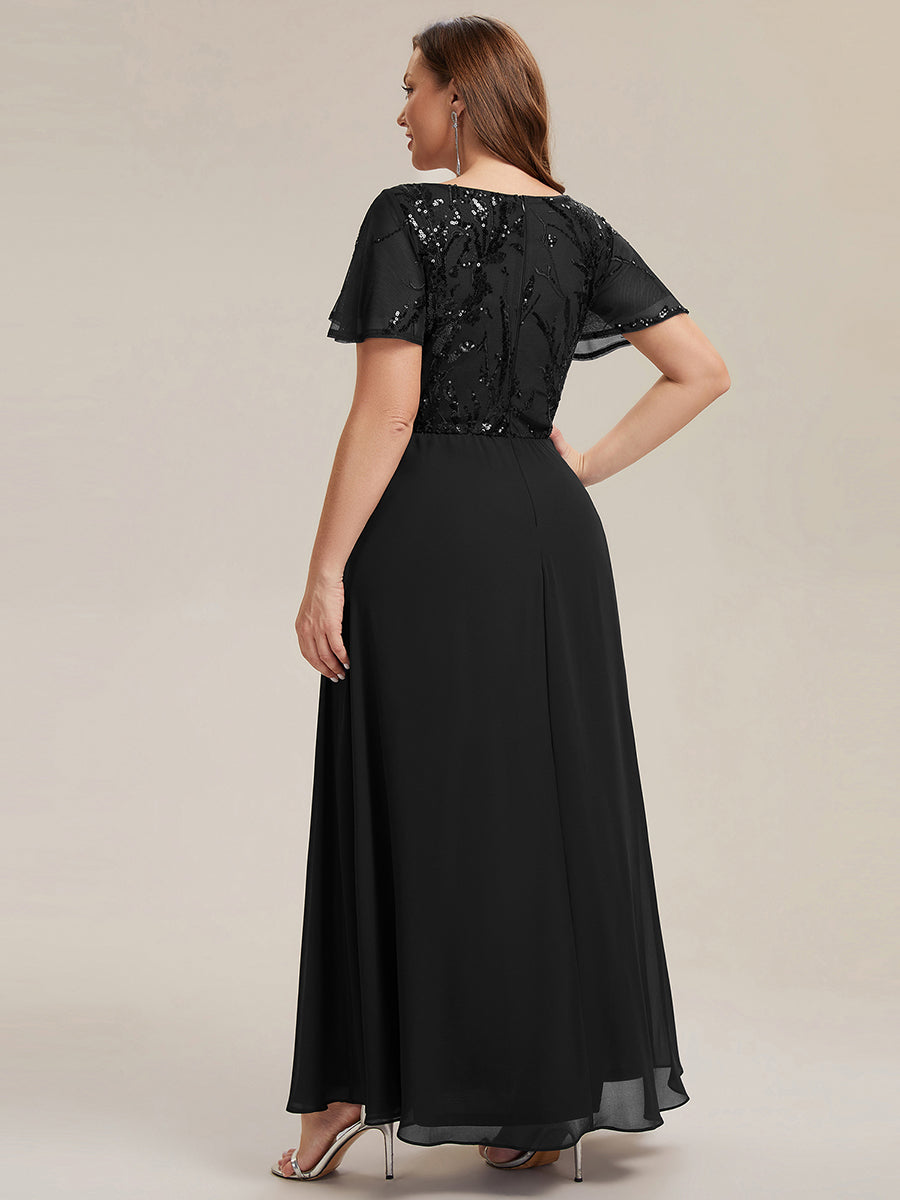 Robe longue extensibilité faible manches à volants décolleté en V profond applique coupe évasée #Couleur_Noir
