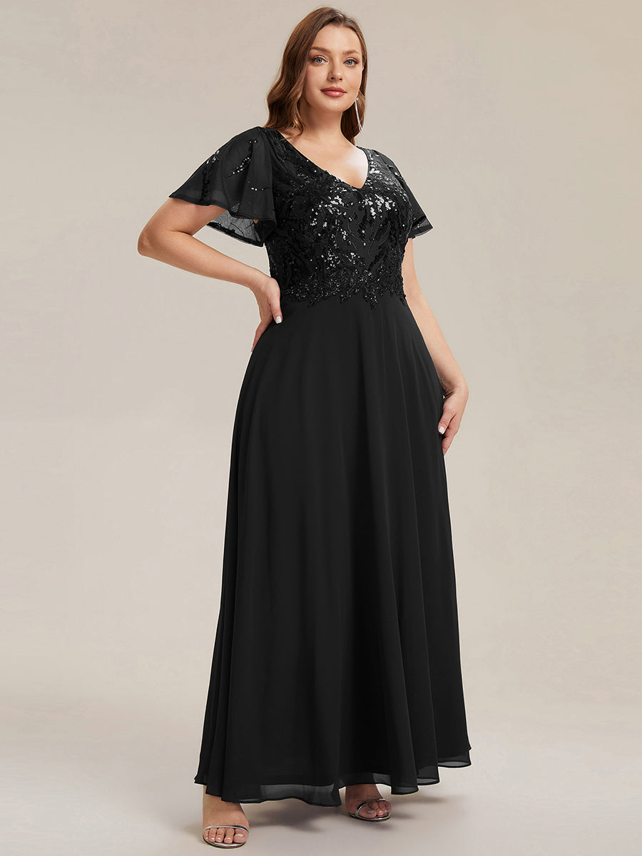 Robe longue extensibilité faible manches à volants décolleté en V profond applique coupe évasée #Couleur_Noir
