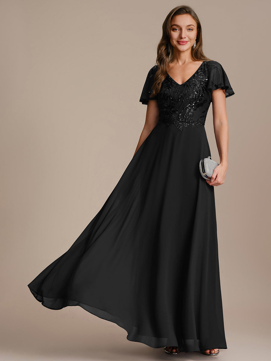 Robe longue extensibilité faible manches à volants décolleté en V profond applique coupe évasée #Couleur_Noir