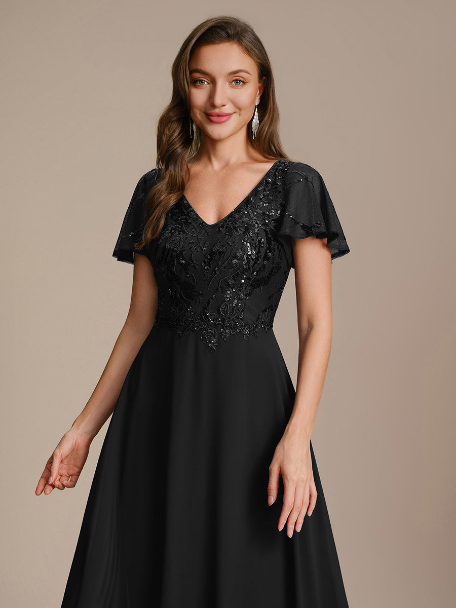 Robe longue extensibilité faible manches à volants décolleté en V profond applique coupe évasée #Couleur_Noir