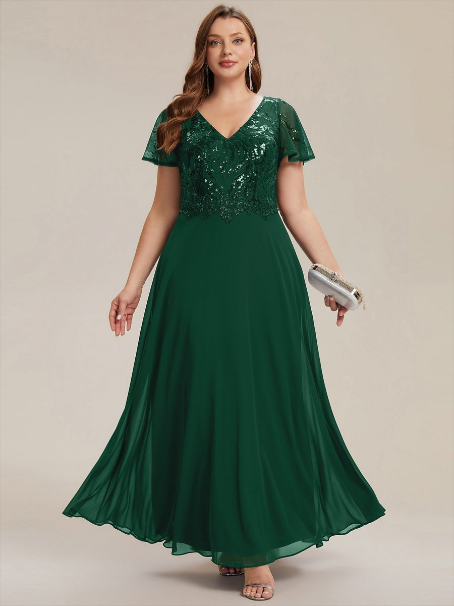 Robe longue extensibilité faible manches à volants décolleté en V profond applique coupe évasée #Couleur_Vert Fonce