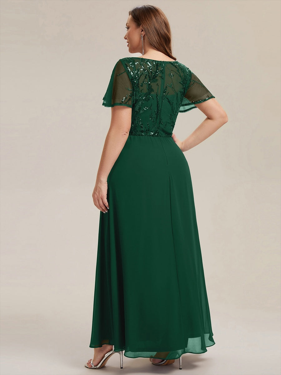 Robe longue extensibilité faible manches à volants décolleté en V profond applique coupe évasée #Couleur_Vert Fonce
