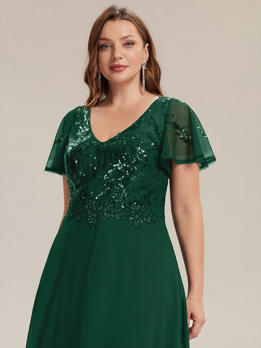 Robe longue extensibilité faible manches à volants décolleté en V profond applique coupe évasée #Couleur_Vert Fonce