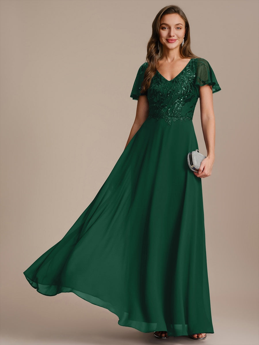 Robe longue extensibilité faible manches à volants décolleté en V profond applique coupe évasée #Couleur_Vert Fonce