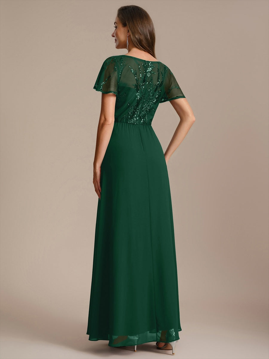 Robe longue extensibilité faible manches à volants décolleté en V profond applique coupe évasée #Couleur_Vert Fonce