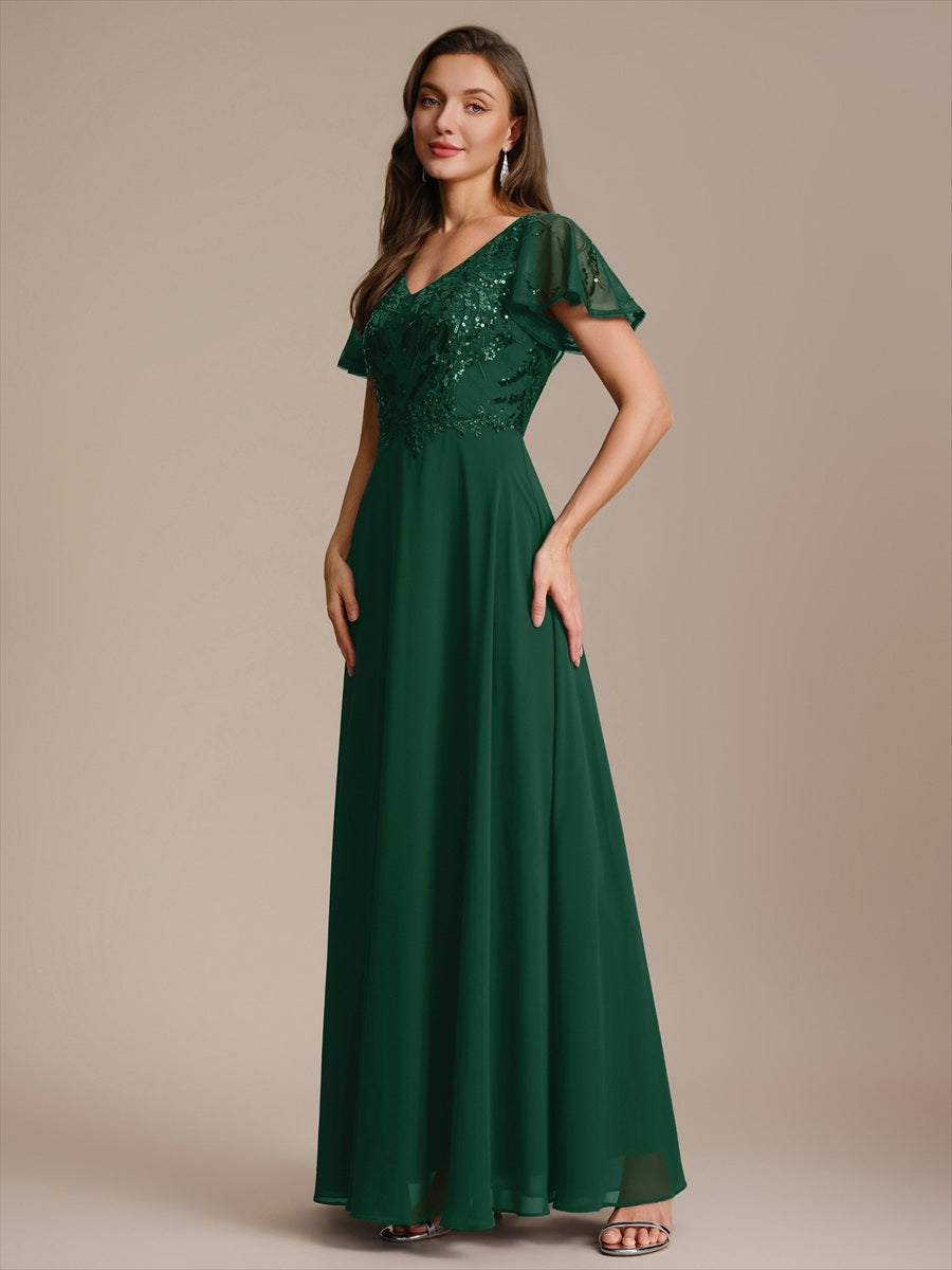 Robe longue extensibilité faible manches à volants décolleté en V profond applique coupe évasée #Couleur_Vert Fonce