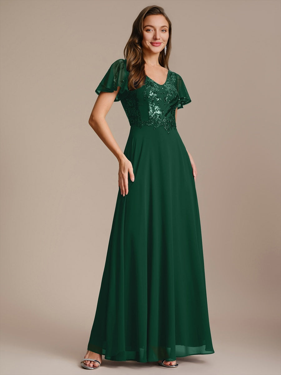 Robe longue extensibilité faible manches à volants décolleté en V profond applique coupe évasée #Couleur_Vert Fonce