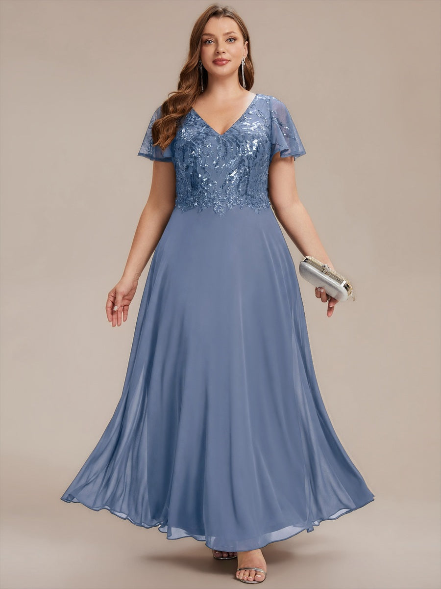 Robe longue extensibilité faible manches à volants décolleté en V profond applique coupe évasée #Couleur_Marine Fume