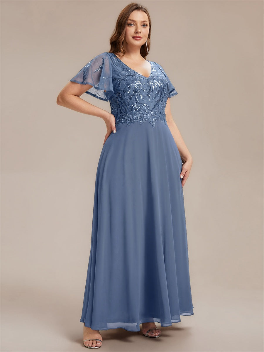 Robe longue extensibilité faible manches à volants décolleté en V profond applique coupe évasée #Couleur_Marine Fume