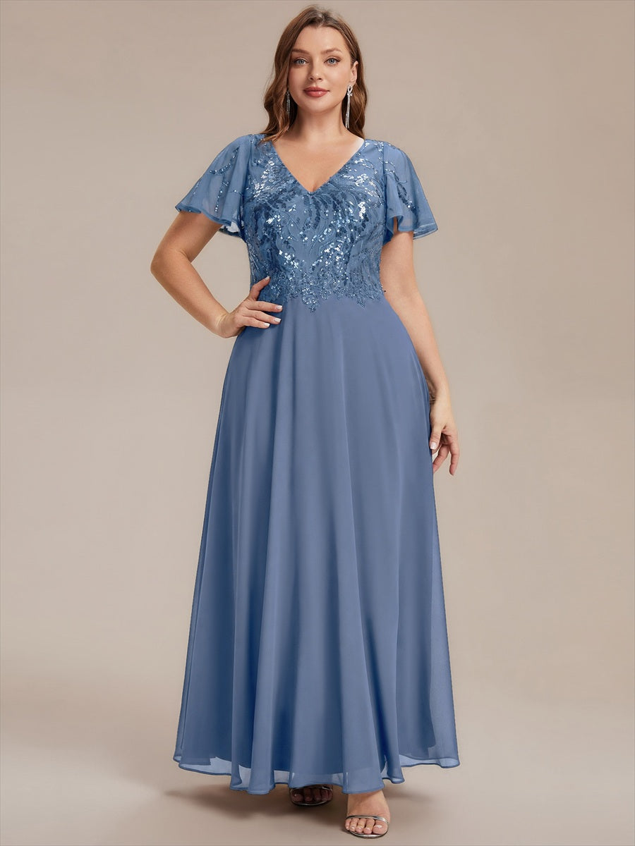 Robe longue extensibilité faible manches à volants décolleté en V profond applique coupe évasée #Couleur_Marine Fume