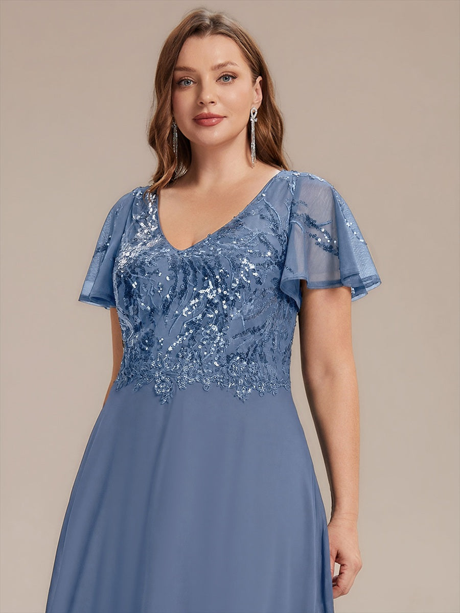 Robe longue extensibilité faible manches à volants décolleté en V profond applique coupe évasée #Couleur_Marine Fume