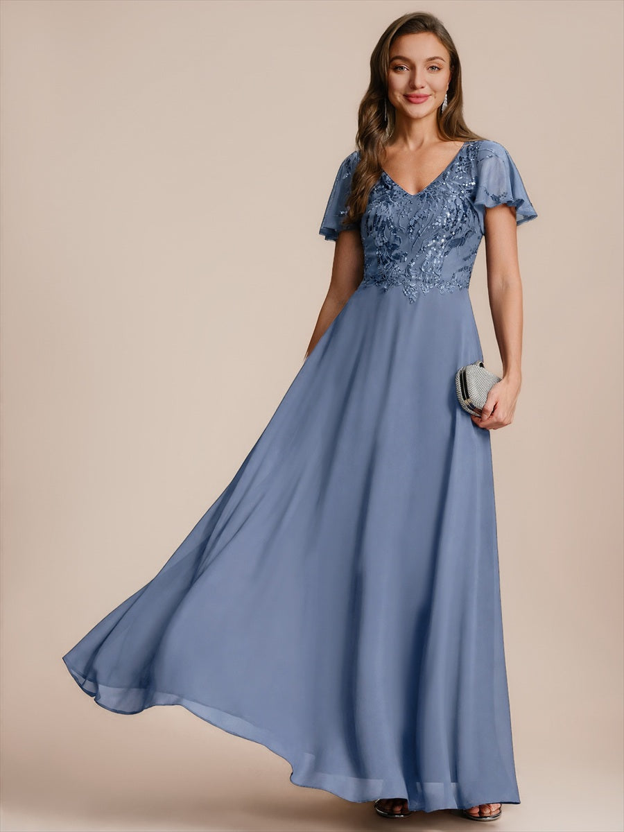 Robe longue extensibilité faible manches à volants décolleté en V profond applique coupe évasée #Couleur_Marine Fume