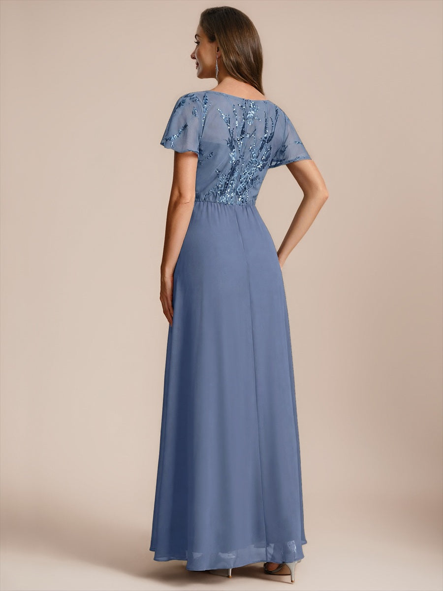 Robe longue extensibilité faible manches à volants décolleté en V profond applique coupe évasée #Couleur_Marine Fume