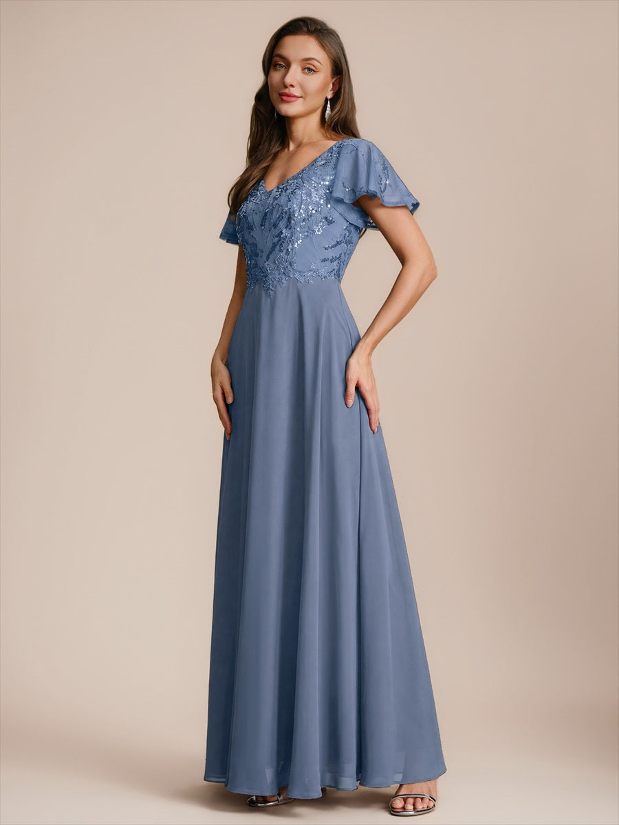 Robe longue extensibilité faible manches à volants décolleté en V profond applique coupe évasée #Couleur_Marine Fume