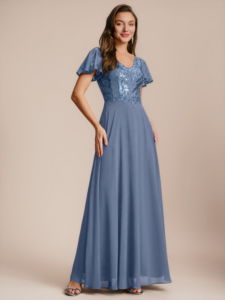 Robe longue extensibilité faible manches à volants décolleté en V profond applique coupe évasée #Couleur_Marine Fume