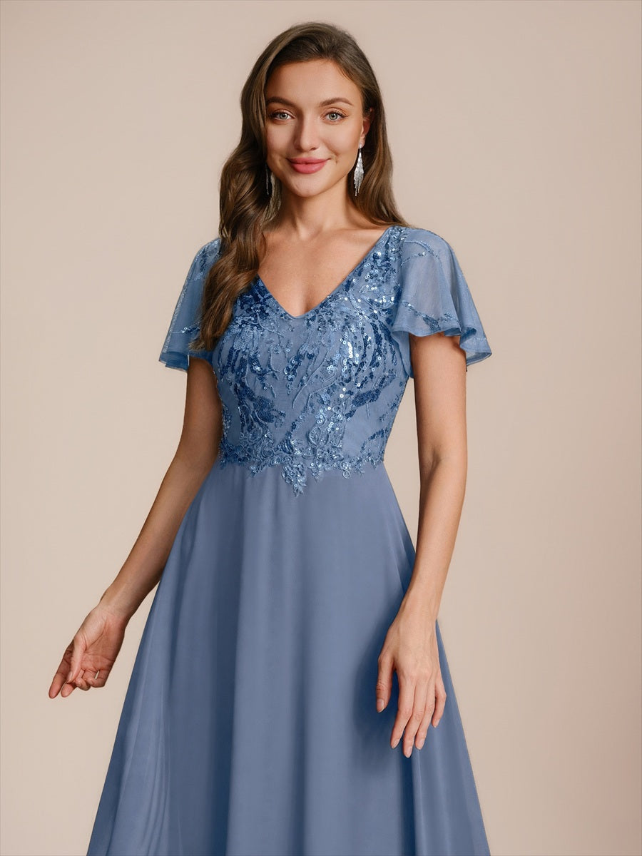 Robe longue extensibilité faible manches à volants décolleté en V profond applique coupe évasée #Couleur_Marine Fume