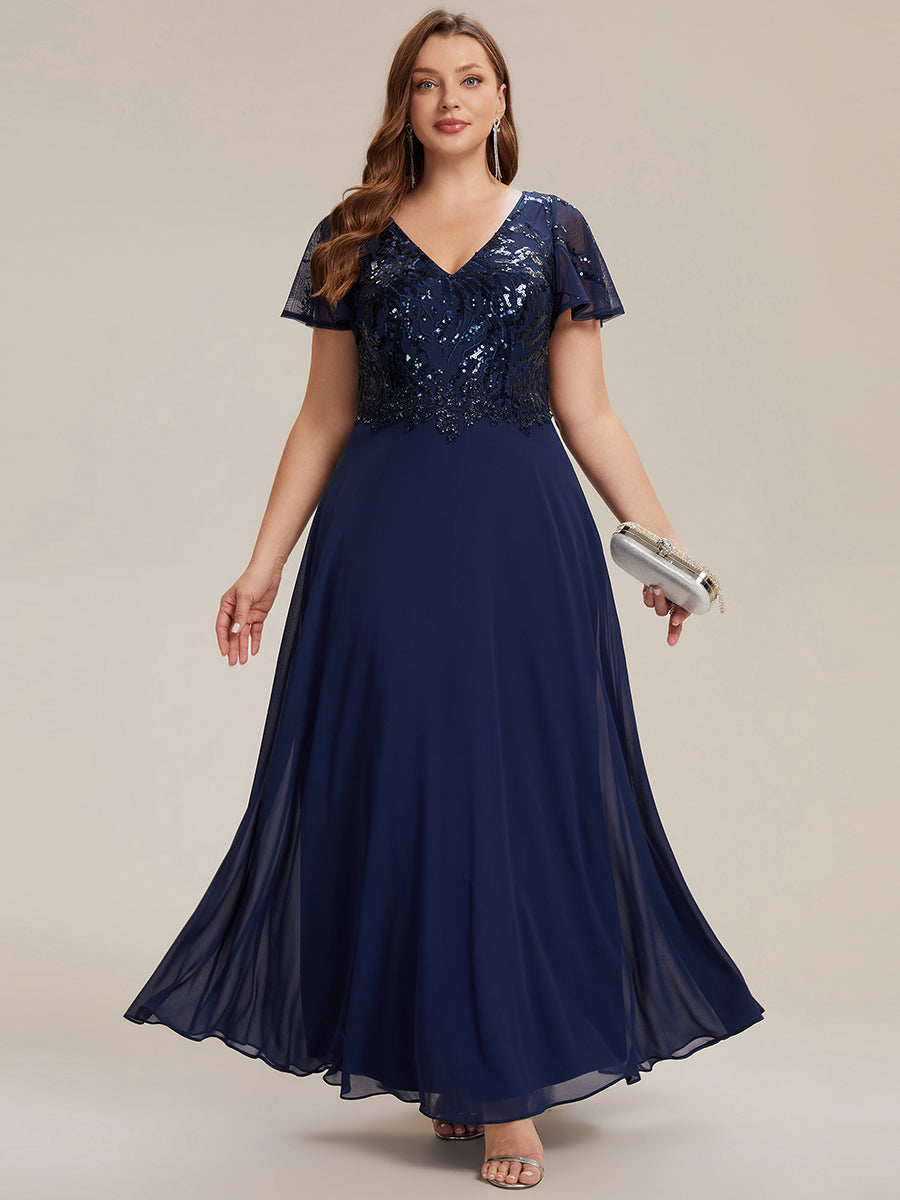 Robe longue extensibilité faible manches à volants décolleté en V profond applique coupe évasée #Couleur_Bleu Marine