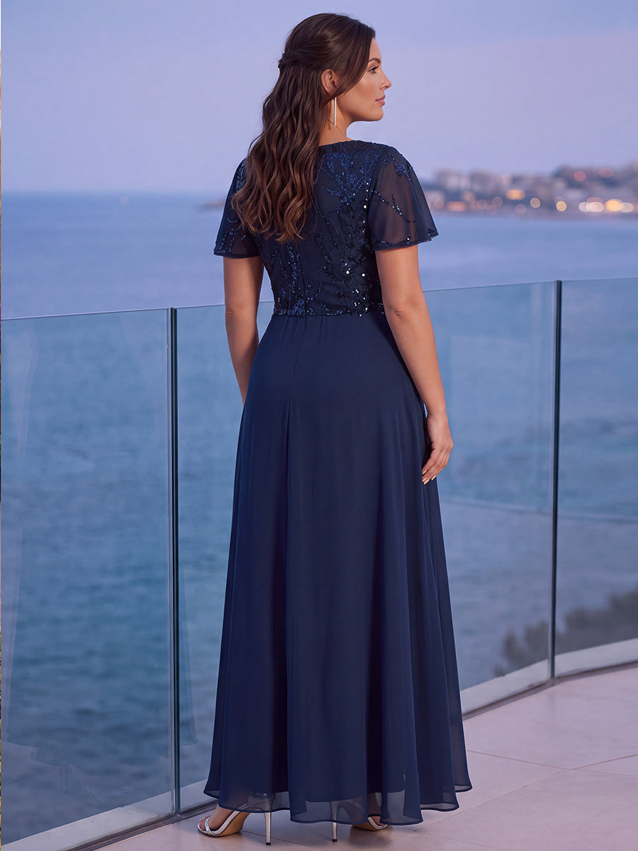 Robe longue extensibilité faible manches à volants décolleté en V profond applique coupe évasée #Couleur_Bleu Marine