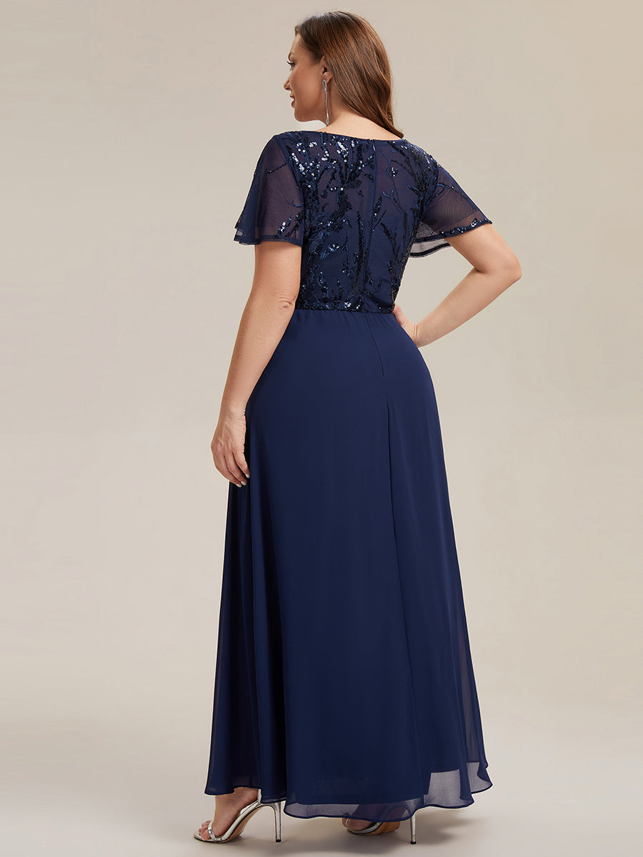 Robe longue extensibilité faible manches à volants décolleté en V profond applique coupe évasée #Couleur_Bleu Marine