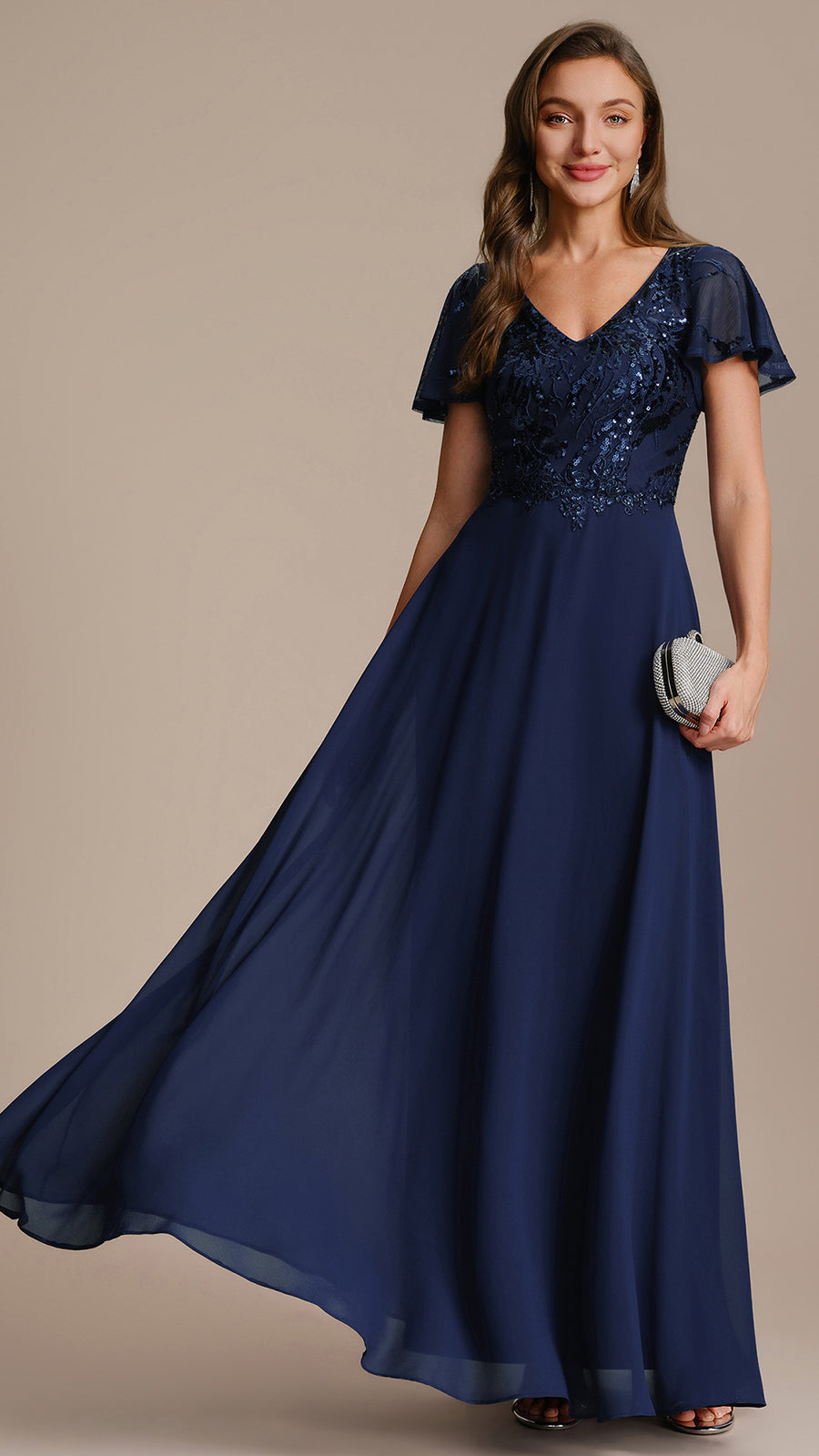 Robe longue extensibilité faible manches à volants décolleté en V profond applique coupe évasée #Couleur_Bleu Marine