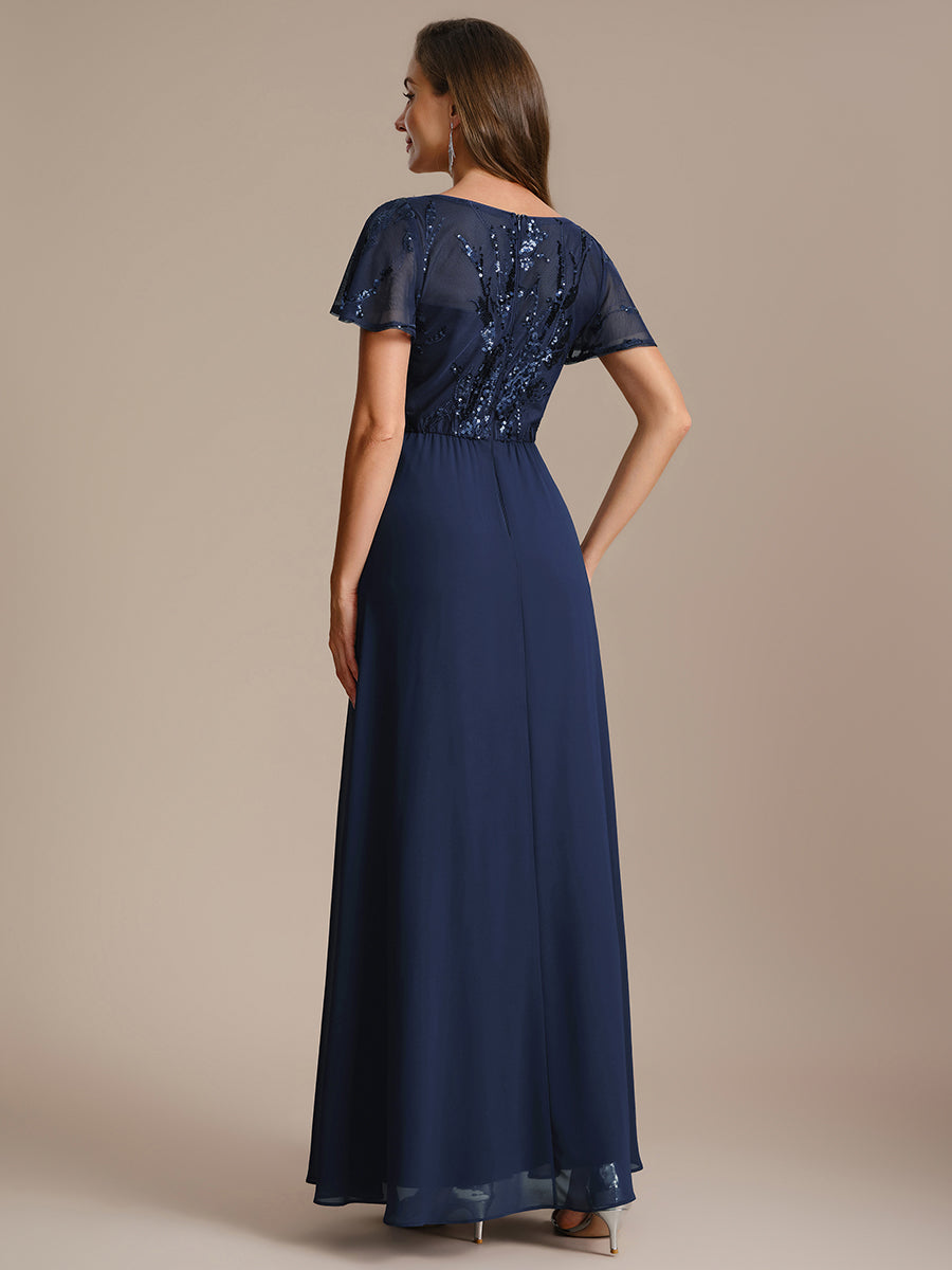 Robe longue extensibilité faible manches à volants décolleté en V profond applique coupe évasée #Couleur_Bleu Marine
