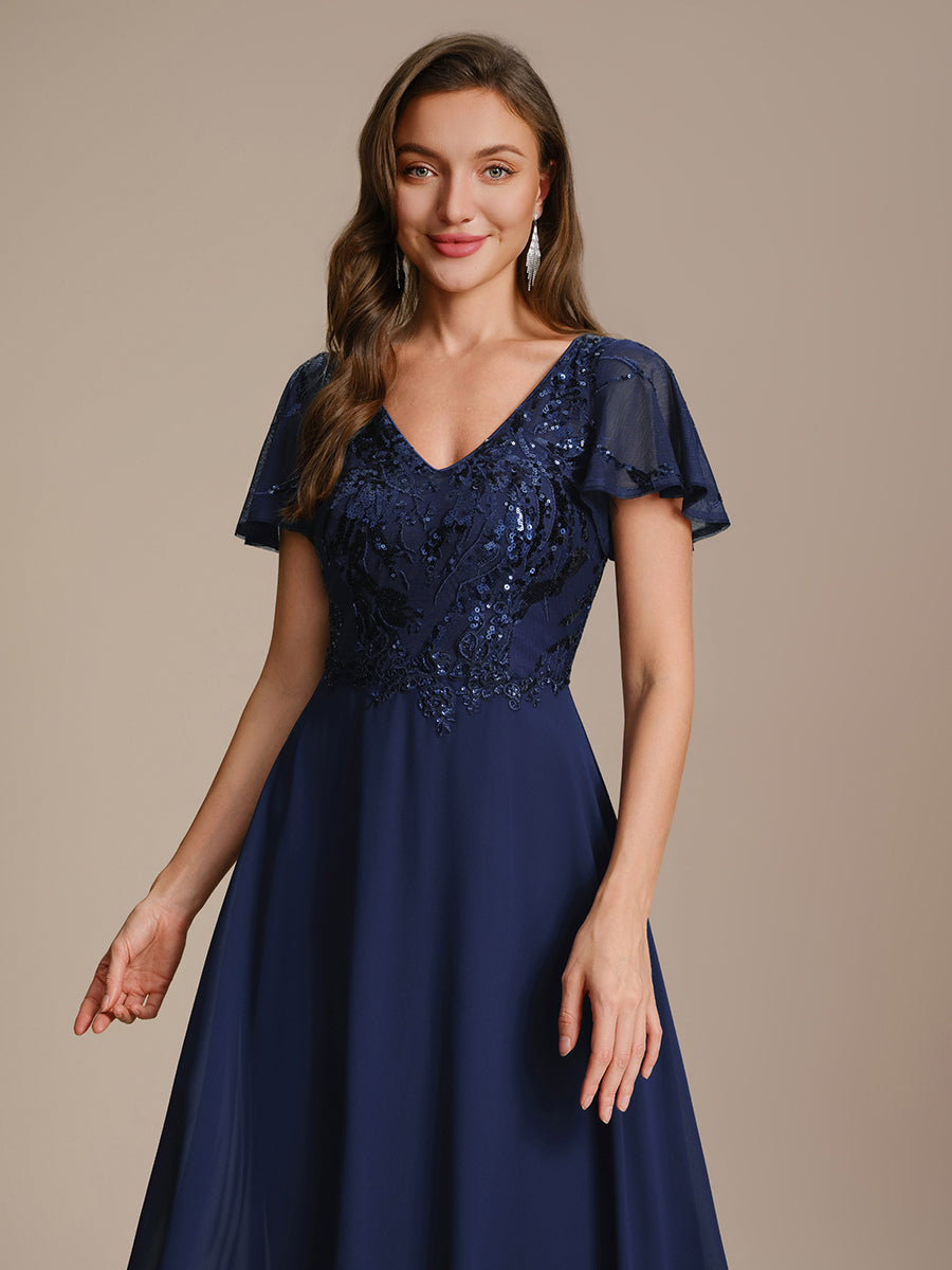 Robe longue extensibilité faible manches à volants décolleté en V profond applique coupe évasée #Couleur_Bleu Marine