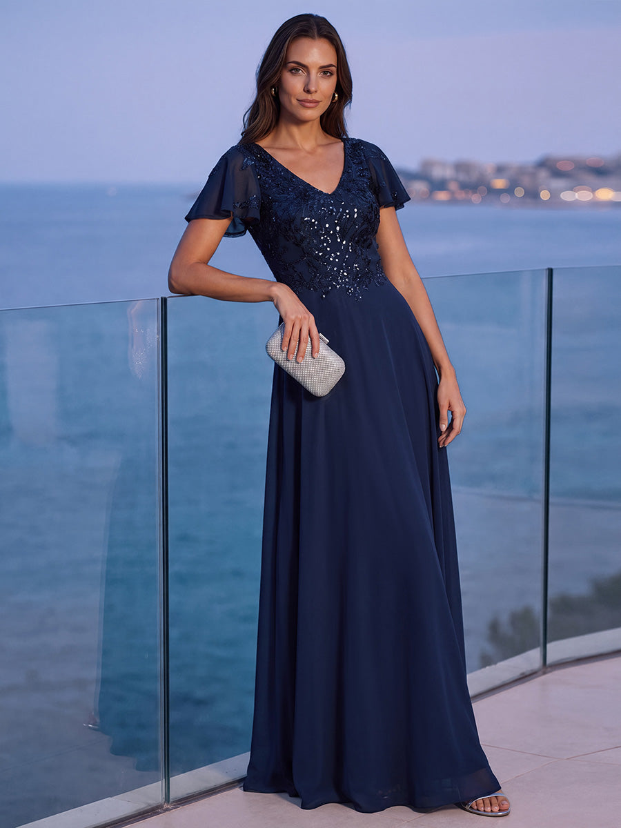 Robe longue extensibilité faible manches à volants décolleté en V profond applique coupe évasée #Couleur_Bleu Marine