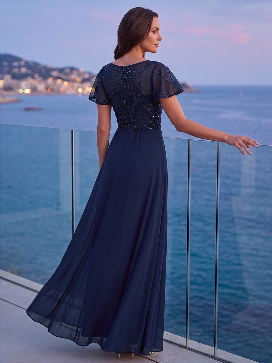 Robe longue extensibilité faible manches à volants décolleté en V profond applique coupe évasée #Couleur_Bleu Marine