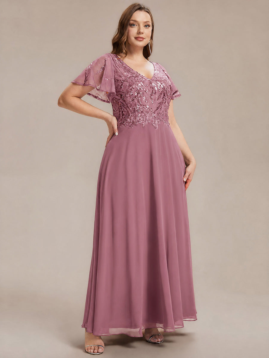 Robe longue extensibilité faible manches à volants décolleté en V profond applique coupe évasée #Couleur_Orchidee