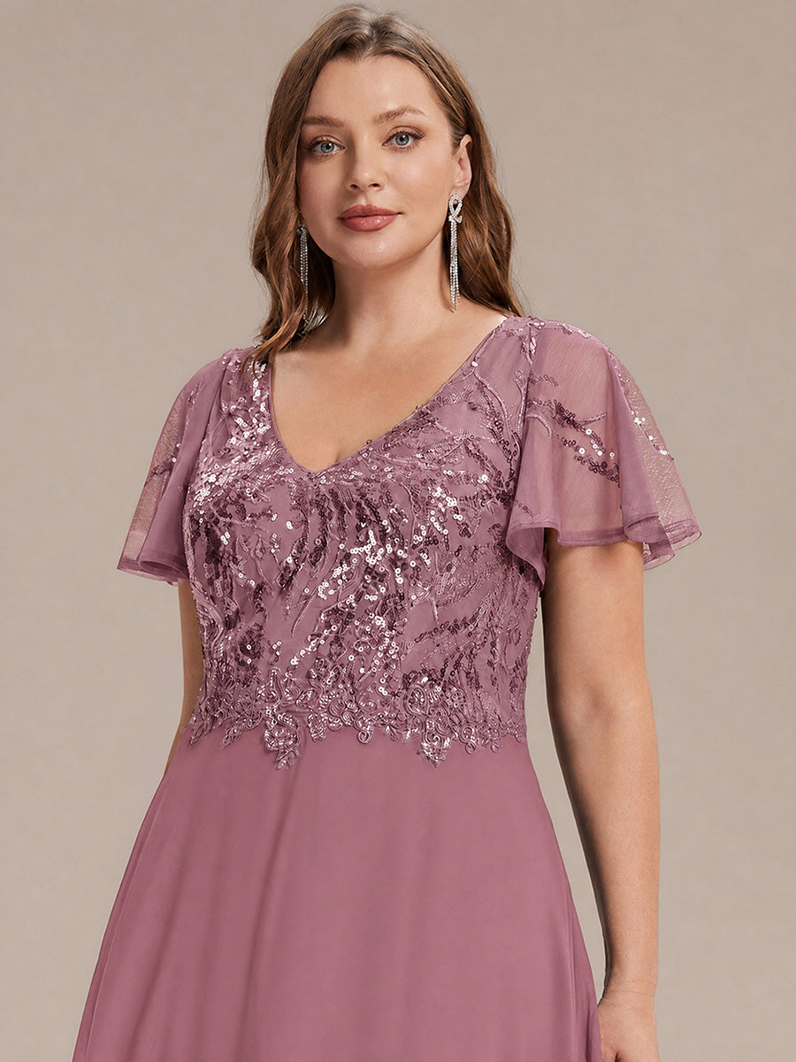 Robe longue extensibilité faible manches à volants décolleté en V profond applique coupe évasée #Couleur_Orchidee