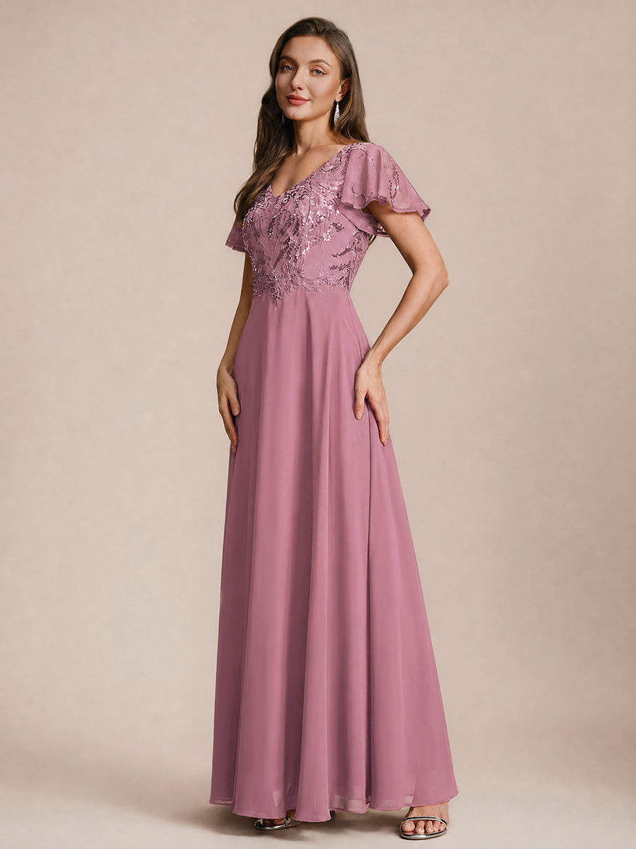 Robe longue extensibilité faible manches à volants décolleté en V profond applique coupe évasée #Couleur_Orchidee