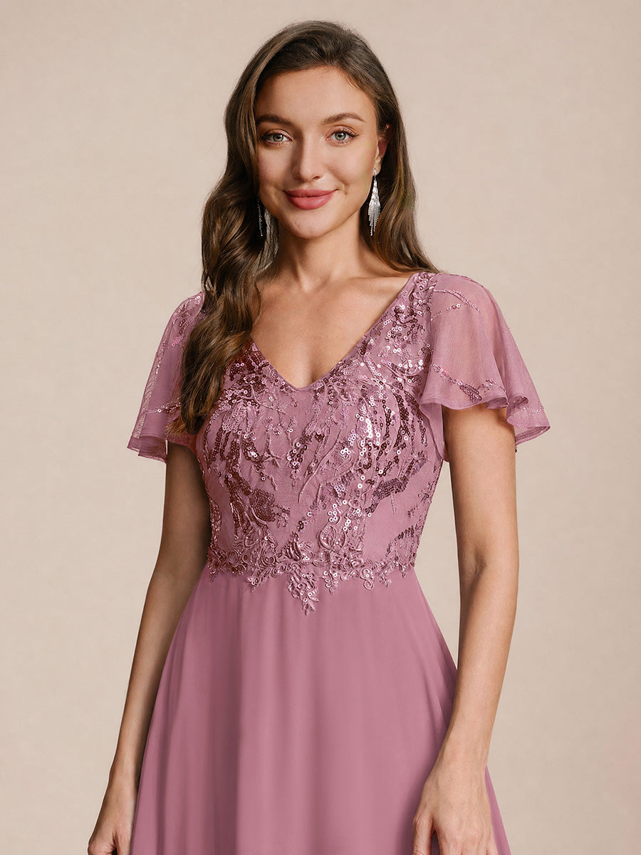 Robe longue extensibilité faible manches à volants décolleté en V profond applique coupe évasée #Couleur_Orchidee