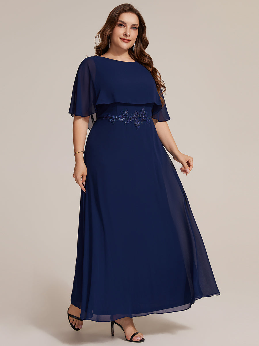Robe maxi A-line ¨¤ manches courtes avec col rond et fermeture ¨¦clair au dos #Couleur_Bleu Marine