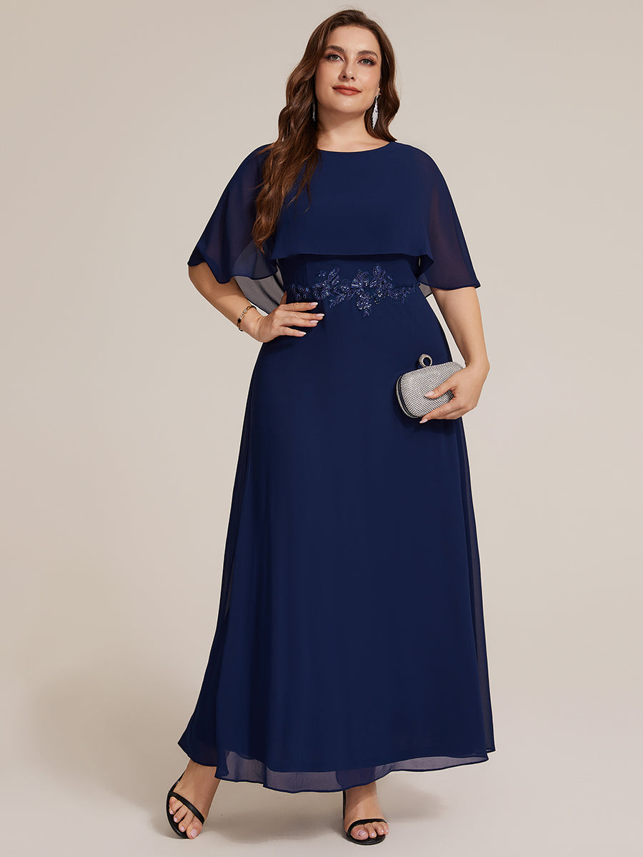 Robe maxi A-line ¨¤ manches courtes avec col rond et fermeture ¨¦clair au dos #Couleur_Bleu Marine