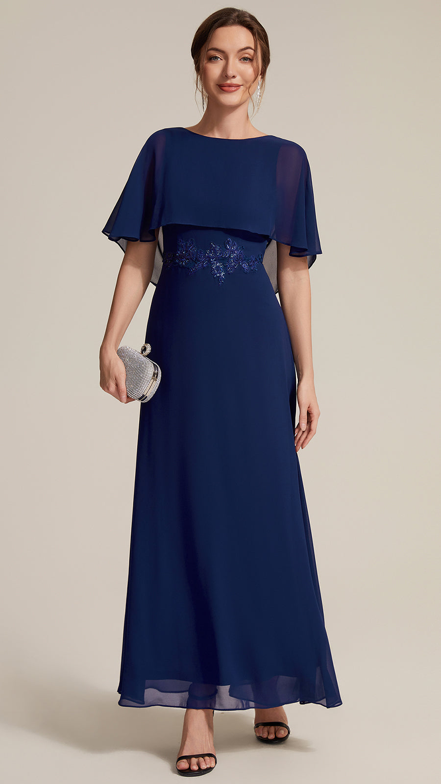 Robe maxi A-line ¨¤ manches courtes avec col rond et fermeture ¨¦clair au dos #Couleur_Bleu Marine